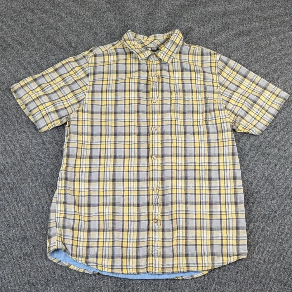 The‎ North Face Mens L Yellow Grey Plaid Cotton Short Sleeve Button Down Shirt